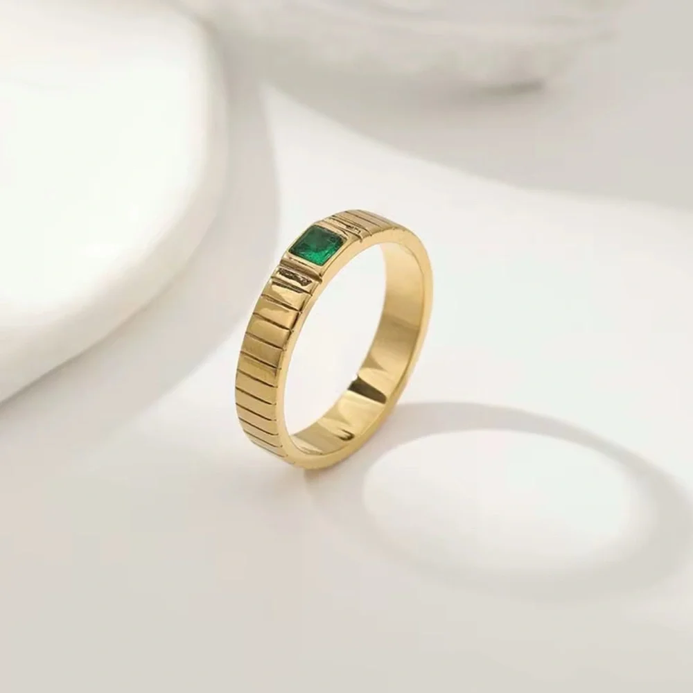 (A11) 18k Plated Elegant Gold Ring with Green Gemstone